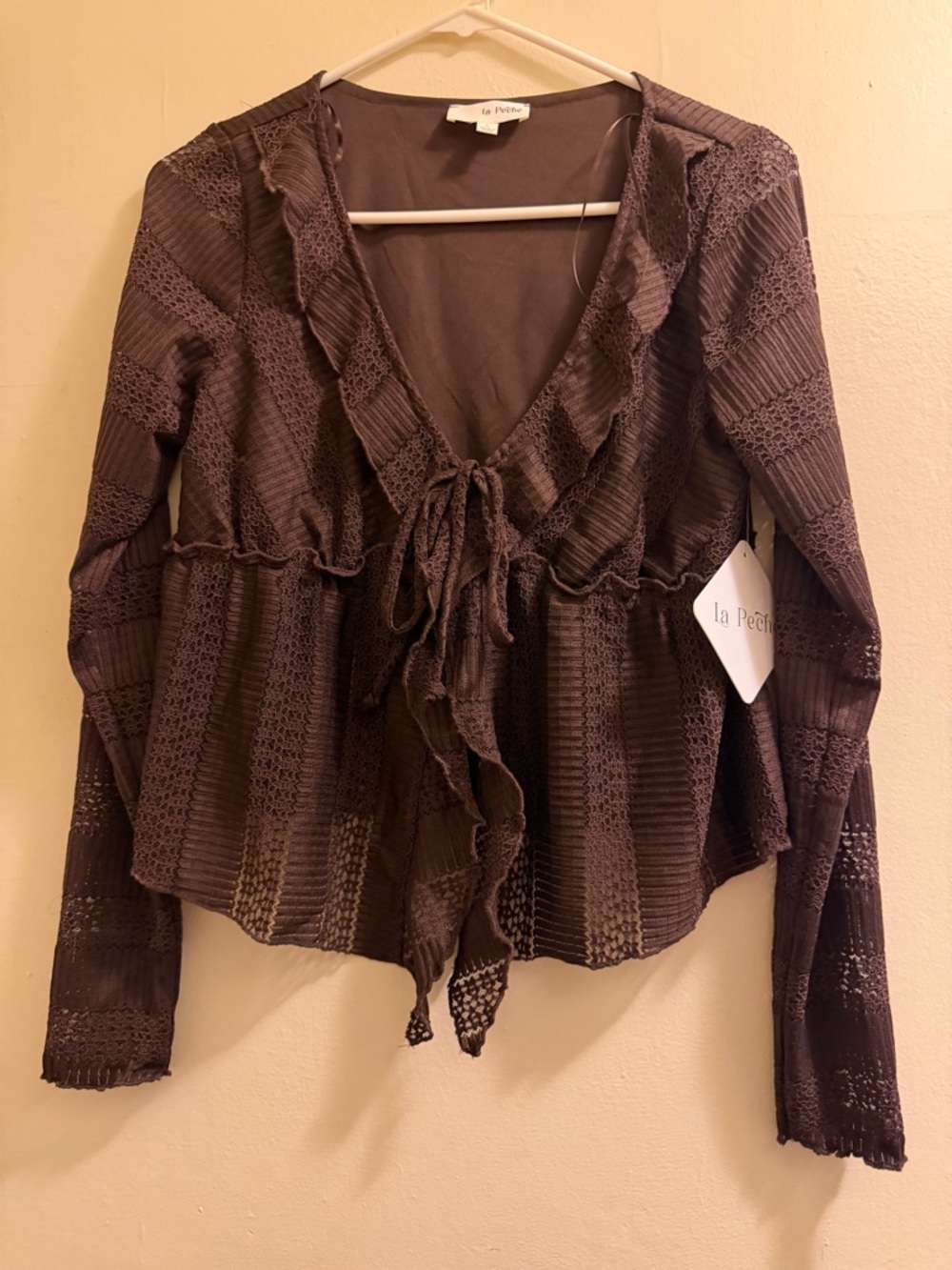 Brown Ruffle Tie-Front Long Sleeve Top